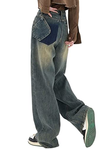 ticticlily Damen Jeanshosen Vintage Hohe Taille Straight Jeans Gewaschene Jeans Y2K Mode Denim Hose Baggy Jeans Weites Bein Gerade Patchwork Lose E-Girl Streetwear Hosen A4 Blau XL von ticticlily