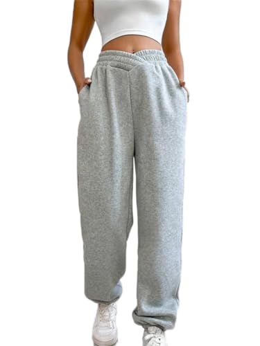 ticticlily Damen Jogginghose Baggy Lang Sporthosen Straight Leg Yoga Running Hosen Weites Bein High Waist mit Elastische Bund Cinch-Bottom Freizeithose Locker Trainingshose Sweathose A Grau L von ticticlily