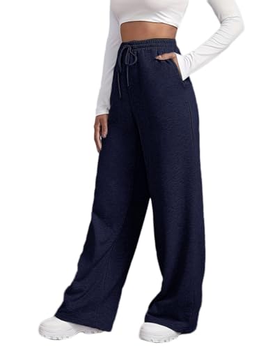 ticticlily Damen Jogginghose Lang Baggy Sporthose Freizeithose Lässige Klassisch Stretch Trainingshose Straighthose Elastizität High Waist mit Kordelzug Wide Leg Sweathose A Dunkelblau XS von ticticlily