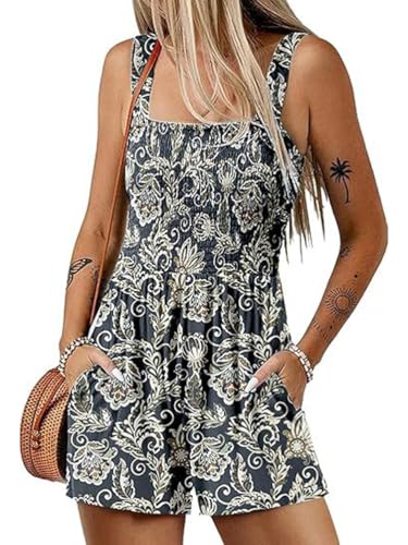 ticticlily Damen Jumpsuit Kurz Sommer Trägerhose Casual Leichte Lässige Overall Ärmelloser mit Träger Romper mit Taschen Strampler Smocked Shorts Playsuit Onesie A4 M von ticticlily
