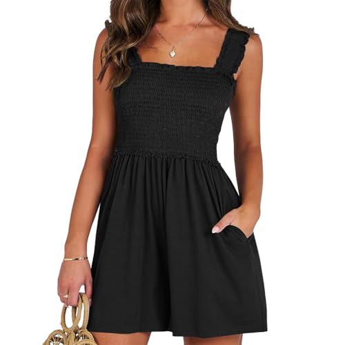 ticticlily Damen Jumpsuit Sommer Kurz Stretch Elastizität Baggy Shorts Overall Ärmelloses mit Träger Casual Wide Leg Trägerhose Leichte Weich Slim Fit Playsuit A Schwarz XXL von ticticlily