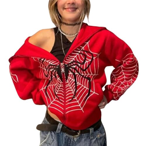 ticticlily Damen Kapuzenpullover Spinne Print Zip Up Hoodie Langarm Oversized Lose Sweatshirt Kapuzenjacke mit Taschen Sweatjacke Vintage 90er Y2K E-Girl Harajuku Paare Unisex A Rot XS von ticticlily