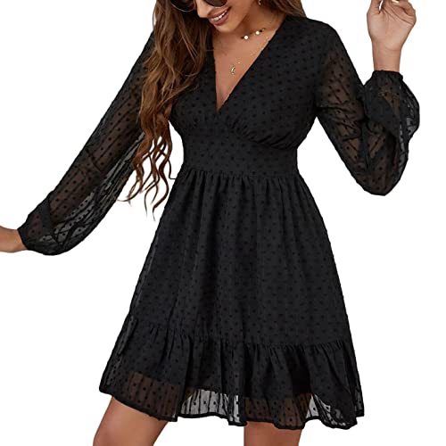 ticticlily Damen Kleider Frühling Hohe Taille Lange Ärmel V-Ausschnitt Kleid Chiffon Einfarbig Kleid Damen Elegant Kurzes Kleid A Schwarz M von ticticlily
