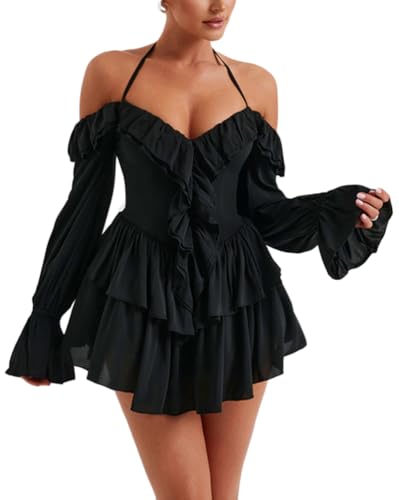 ticticlily Damen Kleider Jumpsuit Kurz Boho Romper Off Shoulder Neckholder Rüschenschicht Sexy Elegant Overall Langarm Tiefer V-Ausschnitts Minikleid A Schwarz L ticticlily Damen Kleider Jumpsuit Kurz Boho Romper Off Shoulder Neckholder Rüschenschicht Sexy Elegant Overall Langarm Tiefer V-Ausschnitts Minikleid A Schwarz L von ticticlily