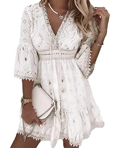 ticticlily Damen Kleider Strandkleid Boho Tunika Sommerkleid V-Ausschnitt Blumenkleid Lose A-Linie 3/4-Arm Tunika Mini Kleider Spitze Freizeitkleider A Weiß XL von ticticlily