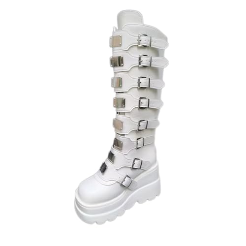 ticticlily Damen Knee High Combat Boots Blockabsatz High Heels Plateau Gothic Kniestiefel Punk Schnürstiefel F Weiß 37 EU von ticticlily