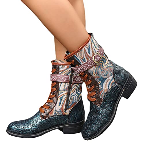 ticticlily Damen Kurze Stiefel Stiefeletten mit Absatz Vintage Reißverschluss Biker Boots für Frauen mit Absatz Ankle Boots Winterstiefel Knöchelschuhe B Grün 40 EU von ticticlily