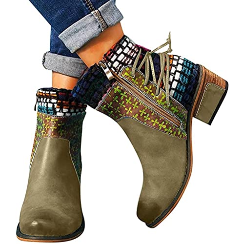 ticticlily Damen Kurze Stiefel Stiefeletten mit Absatz Vintage Reißverschluss Biker Boots für Frauen mit Absatz Ankle Boots Winterstiefel Knöchelschuhe Grün 39 EU von ticticlily