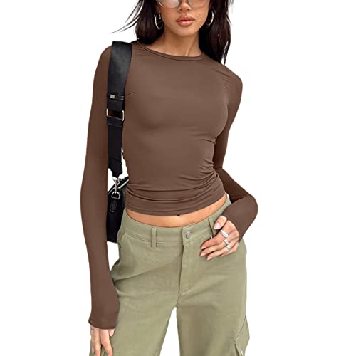 ticticlily Damen Langarm Crop T-Shirt Top Bauchfrei Oberteile Casual Sexy Tops Langarmshirts Langarmtops Pullover Lässig T-Shirts Basic Slim Oberteil B Braun L von ticticlily