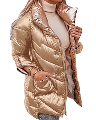 ticticlily Damen Langarm Jacke mit Reißverschluss Puffer Winterjacke Glänzend Parka Mantel Klobig Wintermantel Outwear Coats Jacket Winter Hetbst Gold L von ticticlily