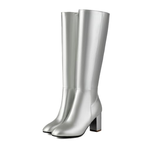 ticticlily Damen Langschaft Stiefel Blockabsatz mit Reißverschlüssen A Silber 39 EU von ticticlily