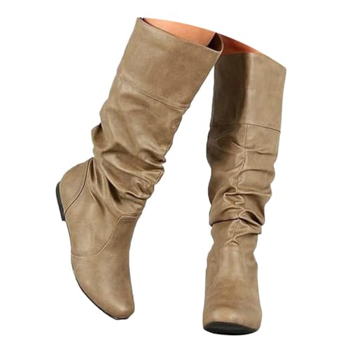 ticticlily Damen Langschaft Stiefel mit Absatz Flach Elegant Lange Kniehoch Langschaft Hohe Stiefel Lang Winterschuhe Damenstiefel A Khaki 41 EU von ticticlily