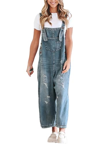 ticticlily Damen Latzhosen Jeans Jumpsuit Sommer Casual Baggy Overall Ärmelloses mit Verstellbare Träger Sommerhose Denim mit Taschen Jeanslatzhose Strampler A Blau M von ticticlily