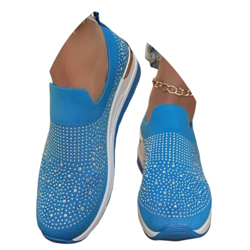 ticticlily Damen Laufschuhe mit Strass Mesh Atmungsaktiv Funkelnde Glitzer Sneaker mit Keilabsatz A Blau 39 EU von ticticlily