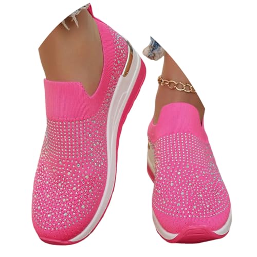 ticticlily Damen Laufschuhe mit Strass Mesh Atmungsaktiv Funkelnde Glitzer Sneaker mit Keilabsatz A Rose Rot 41 EU von ticticlily