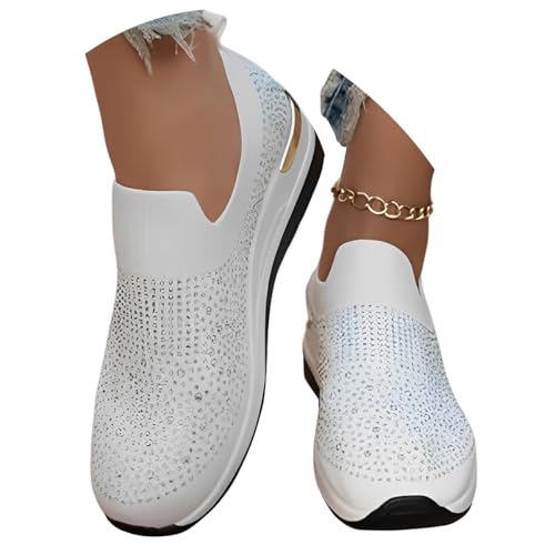 ticticlily Damen Laufschuhe mit Strass Mesh Atmungsaktiv Funkelnde Glitzer Sneaker mit Keilabsatz A Weiß 39 EU von ticticlily