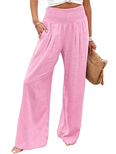 ticticlily Damen Leinenhose Sommer Lange Casual Lose Freizeithose Leinen Baumwolle Hose Strandhose Leicht Lässig Weites Bein Luftig Elastischer Bund Sommerhose mit Kordelzug A Rosa M von ticticlily