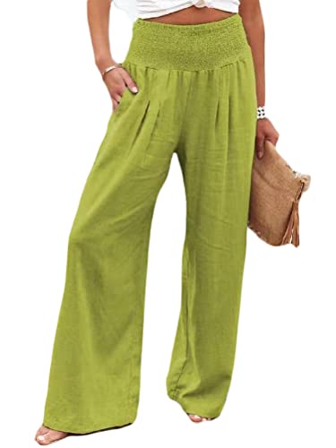 ticticlily Damen Leinenhose Weite Beine Hose Sommer Casual Lose Leicht Elegant Freizeithose Stoffhose Einfarbig Baumwollhose mit Taschen A Gelbgrün XL von ticticlily