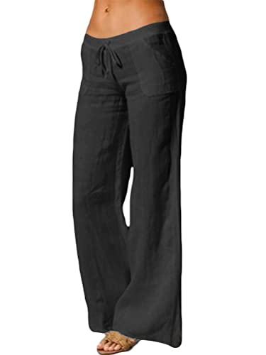 ticticlily Damen Leinenhose Weite Beine Hose Sommer Casual Lose Leicht Elegant Freizeithose Stoffhose Einfarbig Baumwollhose mit Taschen B Schwarz XS von ticticlily