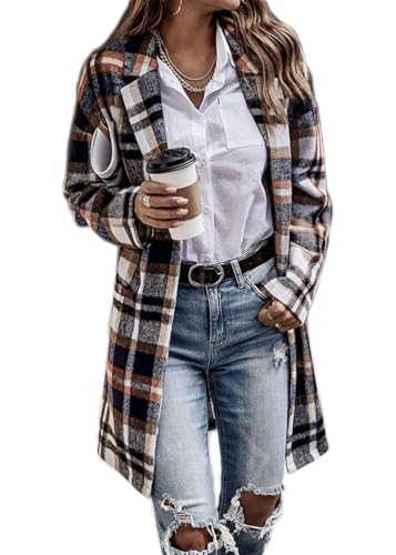 ticticlily Damen Mantel Lang Herbst Winter Kariert Wintermantel Winterjacke Langarm Revers Übergangsmantel Knopfleiste Holzfällerjacke Streetwear A Dunkelblau XL von ticticlily