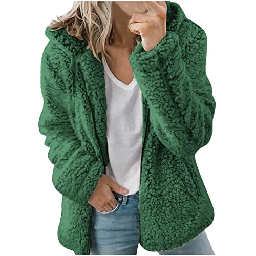 ticticlily Damen Mantel Teddy Plüschmantel Fleecejacken Herbst Winter Jacken Übergangsjacken Kuschelig Lose Casual Kapuzenmantel Flauschjacke Damenbekleidung Große Größen A Grün XL von ticticlily