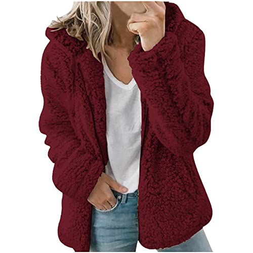 ticticlily Damen Mantel Teddy Plüschmantel Fleecejacken Herbst Winter Jacken Übergangsjacken Kuschelig Lose Casual Kapuzenmantel Flauschjacke Damenbekleidung Große Größen A Weinrot M von ticticlily