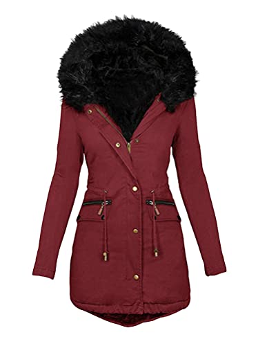 ticticlily Damen Mantel Winter Herbst Parka Jacke Wintermantel mit Kapuze Einfarbig Warm Winterparka mit Knopf und Taschen Winterjacke Kunstfell Weich Steppmantel für Damen Rot L von ticticlily