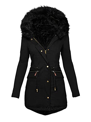 ticticlily Damen Mantel Winter Herbst Parka Jacke Wintermantel mit Kapuze Einfarbig Warm Winterparka mit Knopf und Taschen Winterjacke Kunstfell Weich Steppmantel für Damen Schwarz 4XL von ticticlily