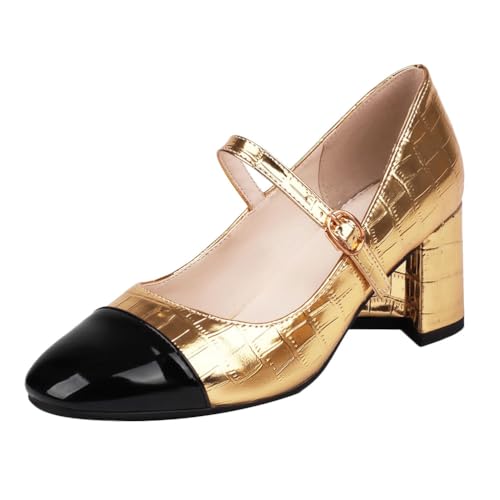 ticticlily Damen Mary Janes Blockabsatz Pumps Lack Knöchel Schnalle Runde Kappe Pumpen A Gold 43 EU von ticticlily