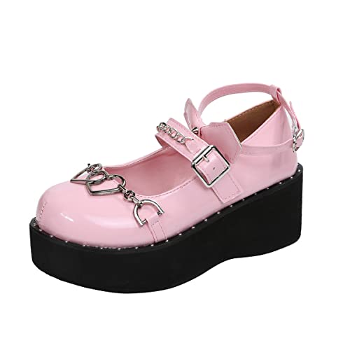 ticticlily Damen Mary Janes Plattform Schuhe Sweet Toe Knöchel Lolita Gothic Plateau Kleid Pumps Schuhe Chunky Plateauschuhe Lackleder Kleid Schuhe A Rosa 37 EU von ticticlily