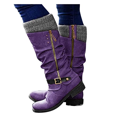 ticticlily Damen Overknee Stiefel Stiefeletten Lässige Warme Gefüttert Langschaft Boots Reitstiefel Niedrige Lange Stiefel mit Absatz Beiläufige Winterschuhe Reißverschluss Schuhe A Violett 41 EU von ticticlily