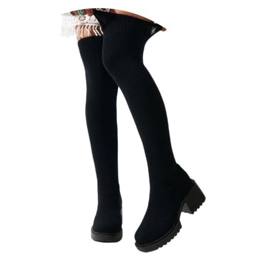 ticticlily Damen Overknees Stiefel Oberschenkelhohe Frauen Stiefel mit Blockabsatz Gestrickter Schaft Langlebiges B Schwarz 38 EU von ticticlily