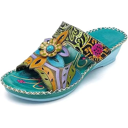 ticticlily Damen Pantoletten mit Absatz Keilsandalen Boho Strandsandalen Blumen Sommerschuhe Plattform Flip-Flops Plateau Schuhe Sexy Offene Toe Slippers Weichen Sohlen Hausschuhe A Grün 43 von ticticlily