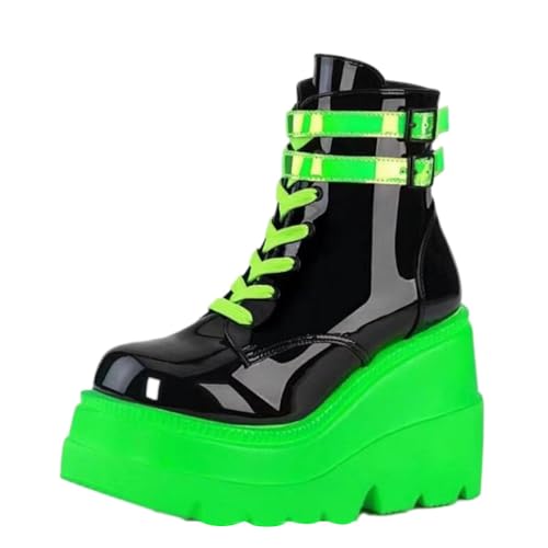 ticticlily Damen Plateau Gothic Stiefeletten Flache Ankle Boots Blockabsatz Punk Schuhe Stiefeletten Chunky Biker Boots A Grün 39 EU von ticticlily