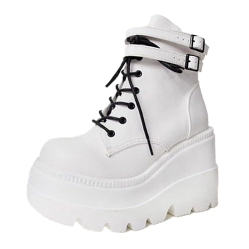 ticticlily Damen Plateau Gothic Stiefeletten Flache Ankle Boots Blockabsatz Punk Schuhe Stiefeletten Chunky Biker Boots A Weiß 43 EU von ticticlily