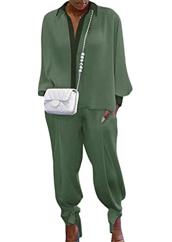 ticticlily Damen Plissee Outfit Set 2 Stück Hosenanzug Button Down Langarmshirts Blusen und Hosen Lange Weites Bein Loungewear Casual Streetwear Herbst B Grün XL von ticticlily