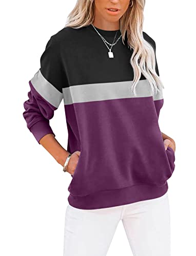 ticticlily Damen Pullover Herbst Winter Sweatshirt ohne Kapuze Langarm Rundhals Patchwork Farbblock Langarmshirt Oberteile Tunika Tops Casual Lose T-Shirts A Violett XL von ticticlily