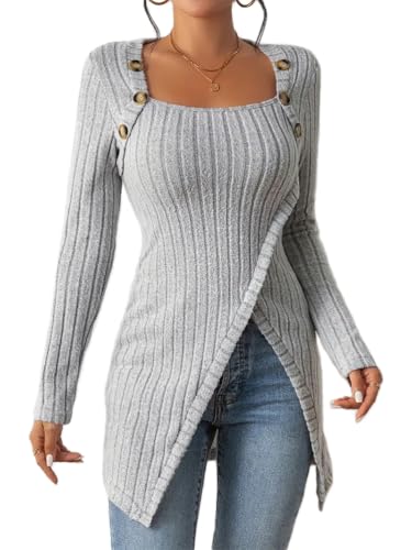 ticticlily Damen Pullover Langarm Quadratischer Kragen Strickpullover Elegant Casual Feinstrickpullover Strickpulli Oberteile Top Sweater Jumper A Grau XL von ticticlily