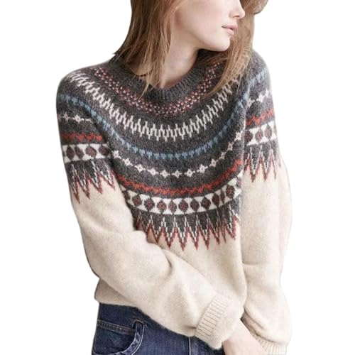 ticticlily Damen Pullover Langarm Strickpullover Lässig Locker Stricksweater Rollkragen Stricksweatshirt Jacquard Muster Pullover F Beige S von ticticlily