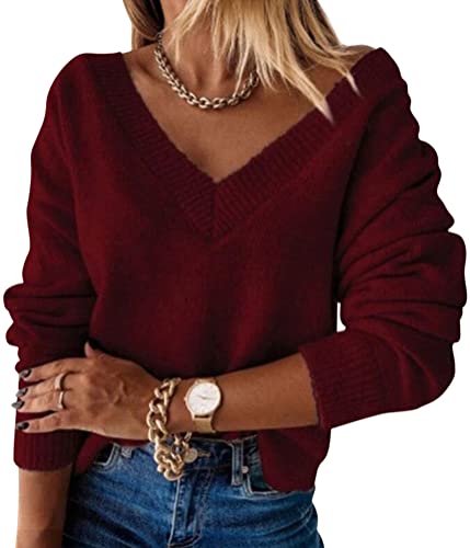 ticticlily Damen Pullover Winter Basic Oversize Pullover Casual Langarm V Ausschnitt Strickpullover Tops Warm Outwear Sweater Pulli Oberteil A Weinrot L von ticticlily