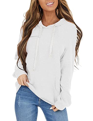 ticticlily Kapuzenpullover Damen Hoodie Lang Lose Winter Herbst Warm Pullover Langarm Sweatshirts mit Kapuze Kordelzug Langarmshirts mit Taschen Casual Oberteile Tops Weiß XL von ticticlily