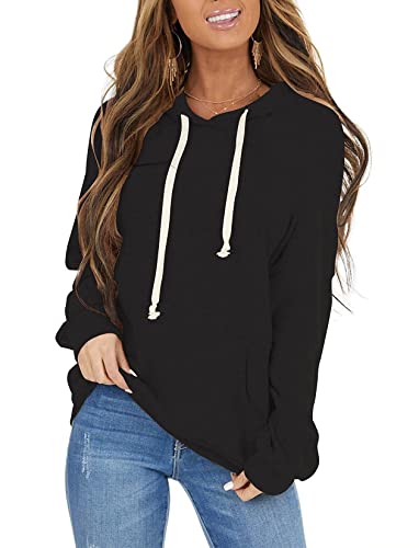 ticticlily Damen Pullover mit Kapuze Langarm V-Ausschnitt Hoodie Kapuzenpullover Casual Lose Sweatshirts mit Taschen Sweater Langarmshirts Oberteil Tops Pulli Herbst Winter Schwarz L von ticticlily