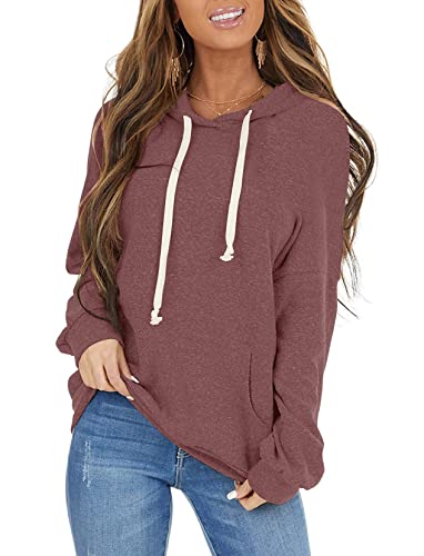 ticticlily Damen Pullover mit Kapuze Langarm V-Ausschnitt Hoodie Kapuzenpullover Casual Lose Sweatshirts mit Taschen Sweater Langarmshirts Oberteil Tops Pulli Herbst Winter Weinrot XL von ticticlily