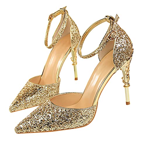 ticticlily Damen Spitze High Heels Stiletto Riemchen Pumps Frauen Absatzschuhe Party Hochzeit Heels Brautschuhe Glänzende Stöckelschuhe A Gold 37 EU von ticticlily