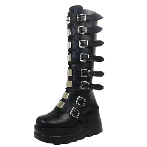 ticticlily Damen Punk Goth Plattform Stiefel Gothic Keil Chunky Motorrad Mid-Calf Combat Knie High Schnalle Stiefel F Schwarz 38 EU von ticticlily