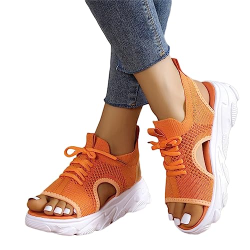 ticticlily Damen Sandalen Bequem Flach Sport Sandaletten Mit Absatz Sommer Vintage Elegant Schnüren Schuhe Ultraleichte Tennisschuhe Stretch Fly Woven A Orange 41 von ticticlily