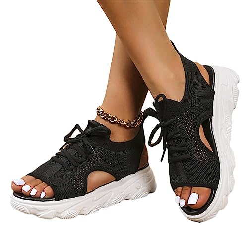 ticticlily Damen Sandalen Bequem Flach Sport Sandaletten Mit Absatz Sommer Vintage Elegant Schnüren Schuhe Ultraleichte Tennisschuhe Stretch Fly Woven A Schwarz 39 von ticticlily