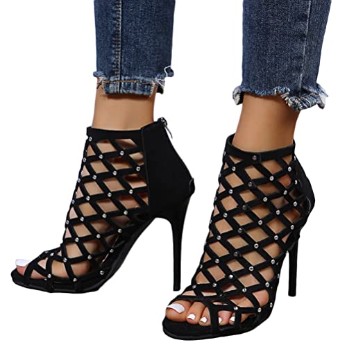 ticticlily Damen Sandalen Elegant Reißverschluss Stiletto Sandalen Niet High Heels Pumps mit Pfennigabsatz A Schwarz 38 EU von ticticlily