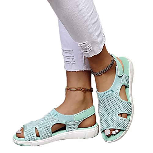 ticticlily Damen Sandalen Flach Klettverschluss Bequem Sandaletten Sommer Vintage Elegant Schuhe Leichte Walkingschuhe Stretch Fly Woven A Hellgrün 37 EU von ticticlily