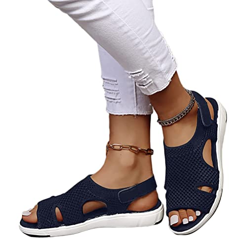 ticticlily Damen Sandalen Flach Klettverschluss Bequem Sandaletten Sommer Vintage Elegant Schuhe Leichte Walkingschuhe Stretch Fly Woven A Marine 37 EU von ticticlily